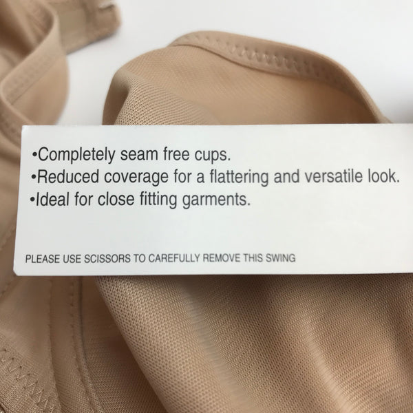 Product tag showing key features of Fantasie Seamless Balcony Bra – seam-free cups, reduced coverage, ideal for fitted clothing.