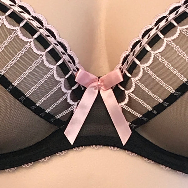 Detail of pink floral embroidery on sheer mesh plunge cup of Arabella bra