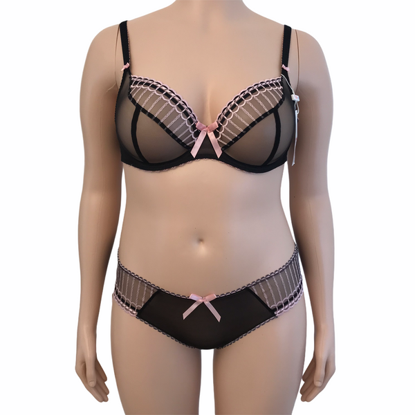 Arabella mid-rise panty in black mesh with pink embroidered trim, shown on full-figure mannequin