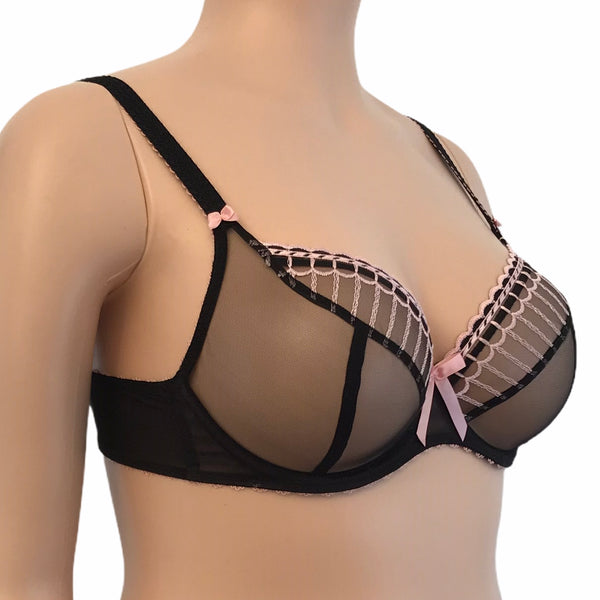 Side angle of Arabella bra showing cup seams and sheer mesh design, styled on mannequin