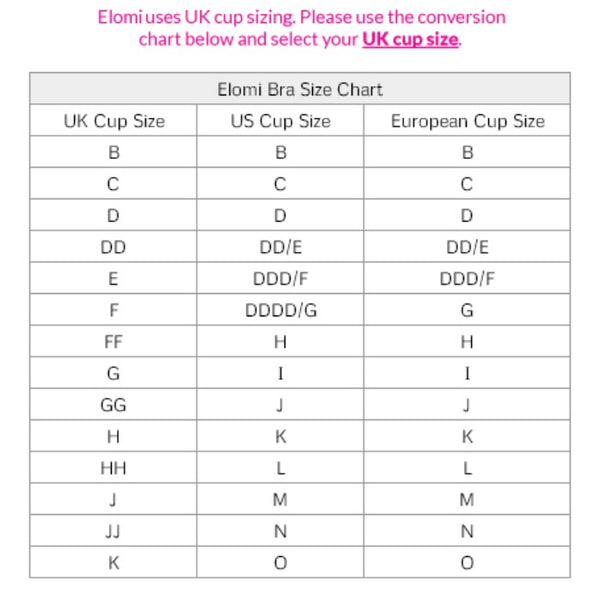 Elomi UK bra size chart with US and European cup size conversion.