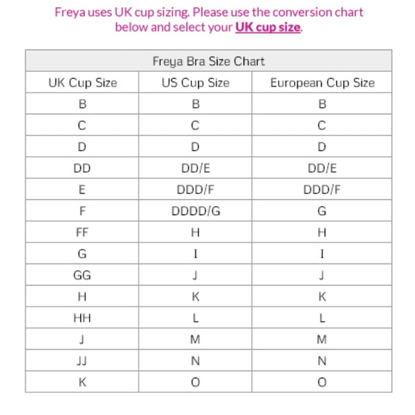 Freya bra UK size chart with US and European cup size conversion.