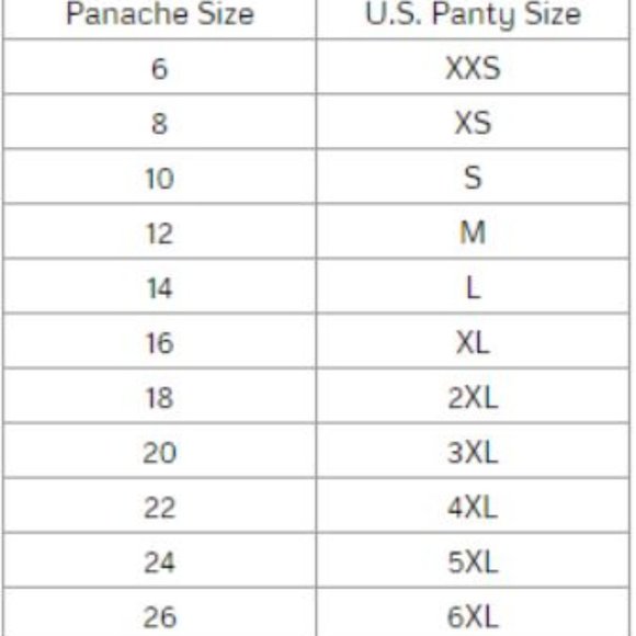 Panache size conversion chart showing UK to US panty sizing.