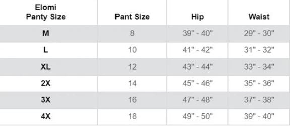Elomi panty size chart showing size conversions for hip and waist measurements.