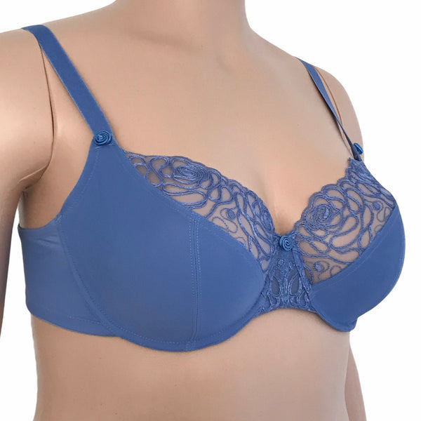 Side angle of Harmony underwire bra in cornflower blue showing floral embroidery and supportive full cup silhouette.