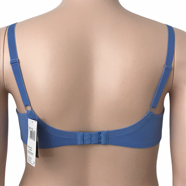 Back view of Harmony bra in cornflower blue – adjustable straps and hook-and-eye closure.