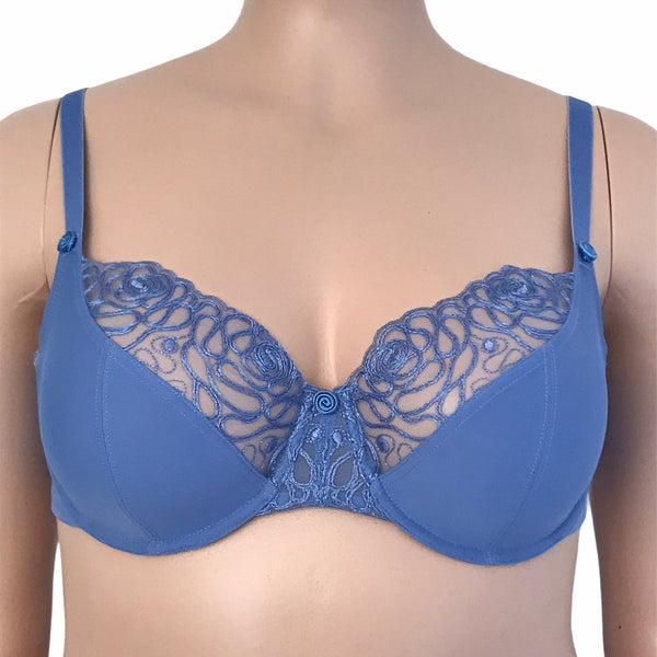 Front view of Harmony bra in cornflower blue on mannequin – sheer embroidered upper cups and floral center gore detailing.