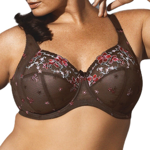 Tamarie full cup bra in mocha mesh with pink floral embroidery, front view