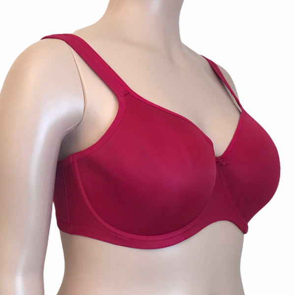 Side view of Elomi cherry red seamless t-shirt bra on mannequin showing lightly molded cups and wide side wings.