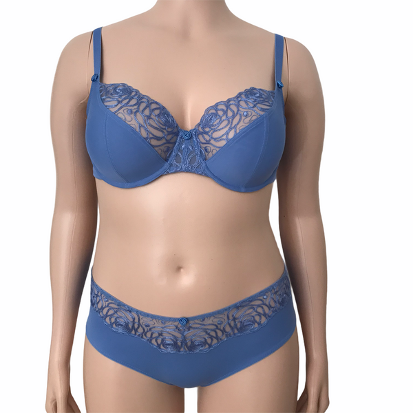 Harmony bra and matching brief in cornflower blue shown on mannequin – full coverage with embroidered accents.