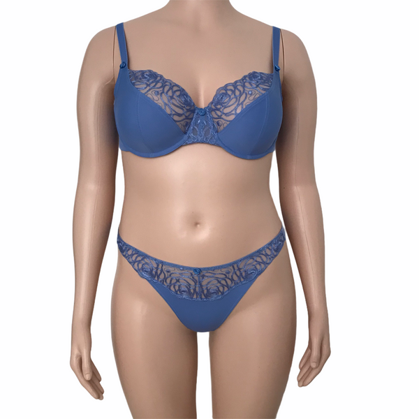 Harmony bra and thong set in cornflower blue displayed on mannequin – features matching embroidered rose detailing.