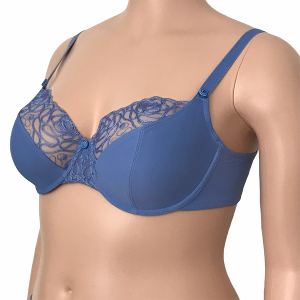 Right-side view of Harmony bra in cornflower blue with sheer rose embroidery and smooth lower cup.