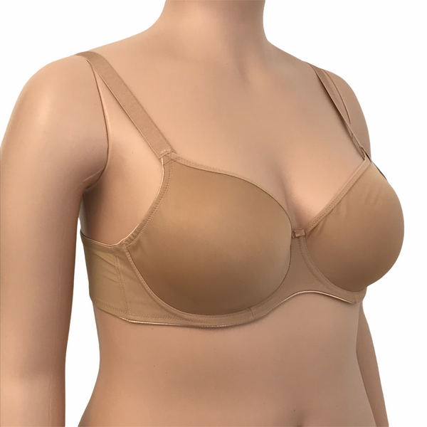 Angled side view of Fantasie nude t-shirt bra showing molded cups and sleek microfiber fabric.