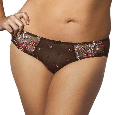 Full front view of the Tamarie brief panty in chocolate brown with pink and white floral embroidery, worn by a model.