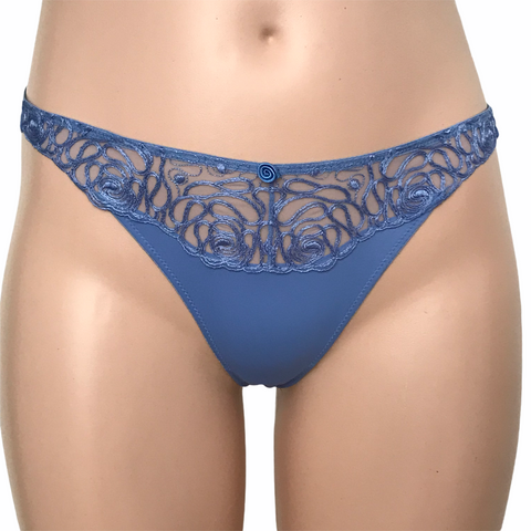 Front view of Harmony thong in cornflower blue – features sheer embroidered waistband with swirling rose motif.