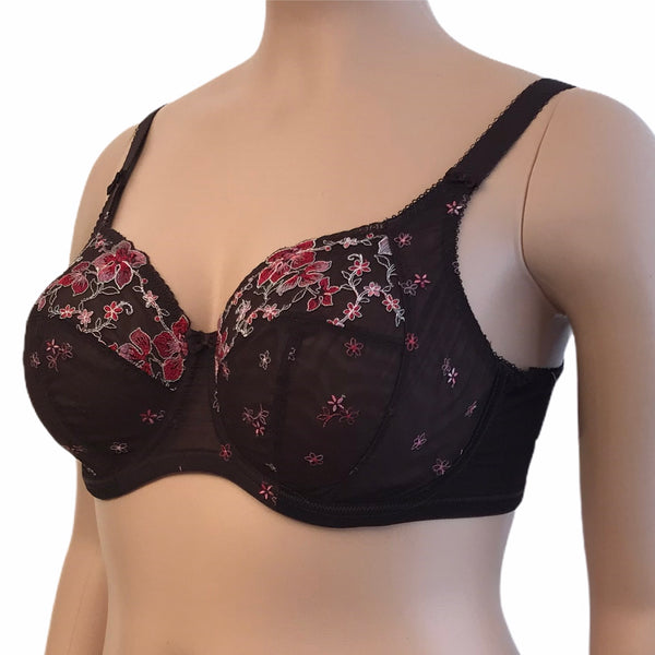 Left side profile of Tamarie bra showing four-part cup and inner side sling support