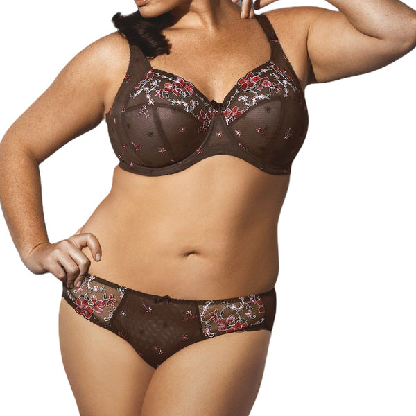 Tamarie full cup bra with matching brief in mocha mesh with pink floral embroidery, front view on full-figure model