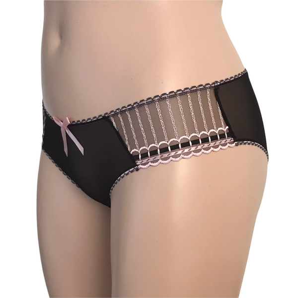 Left side profile of Arabella brief showing sheer mesh panels and mid-rise fit